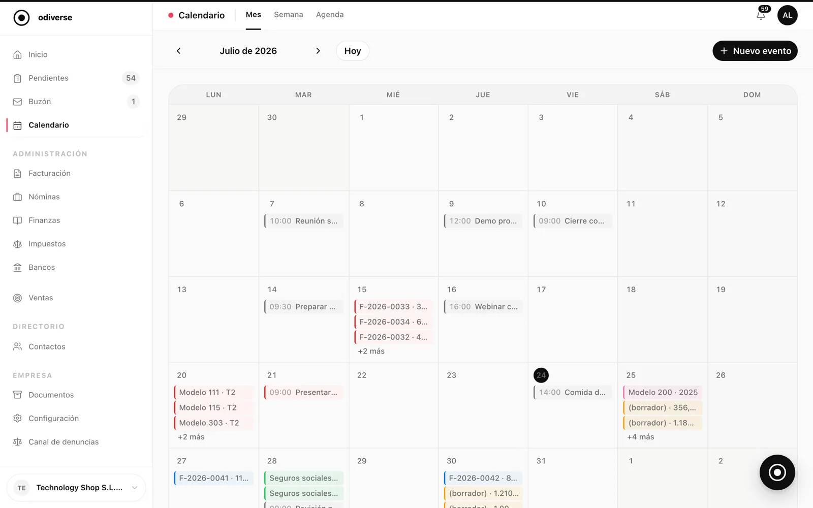 Pantalla real del módulo de Calendario