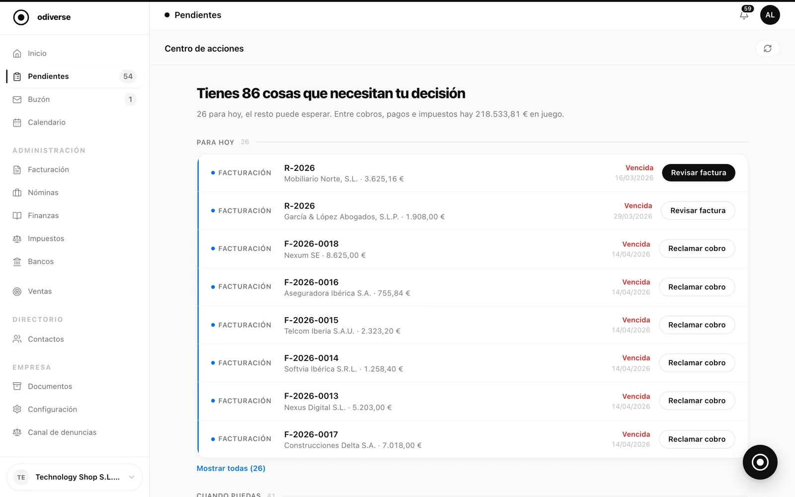 Centro de acciones con las decisiones pendientes y el importe en juego