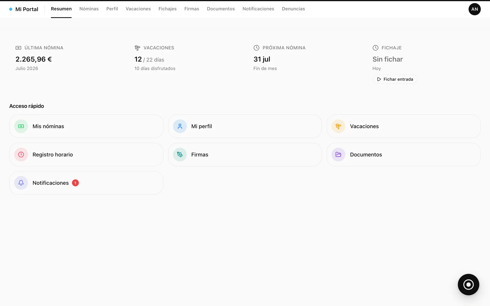 Pantalla real del módulo de Portal de empleado